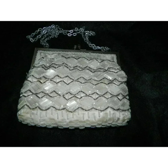 VTG White Clear Silver Glass Bead Geometric Handbag Purse Clutch - Picture 2 of 5